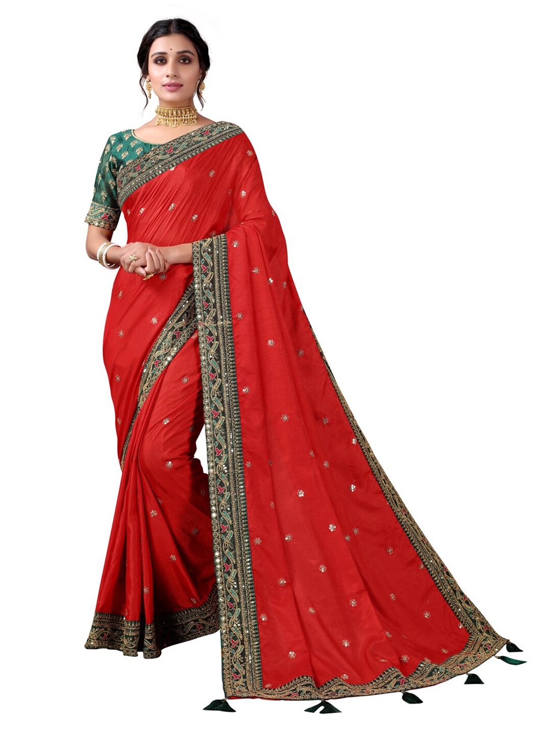 

Satrani Red & Gold-Toned Ethnic Motifs Embroidered Saree