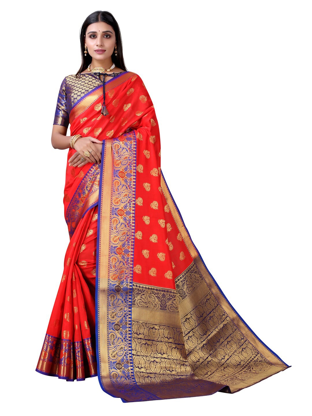 

Satrani Red & Blue Woven Design Zari Banarasi Saree