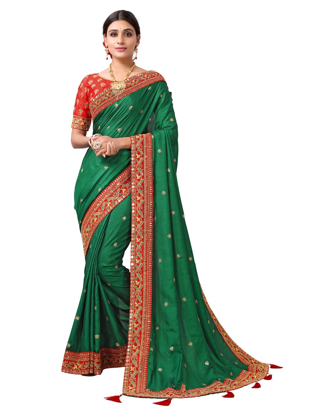 

Satrani Green & Red Ethnic Motifs Embroidered Saree
