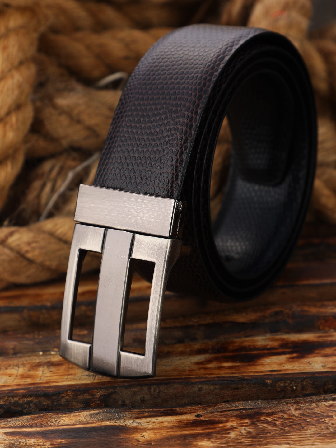 

ZEVORA Men Black & Brown Textured Reversible PU Formal Belt
