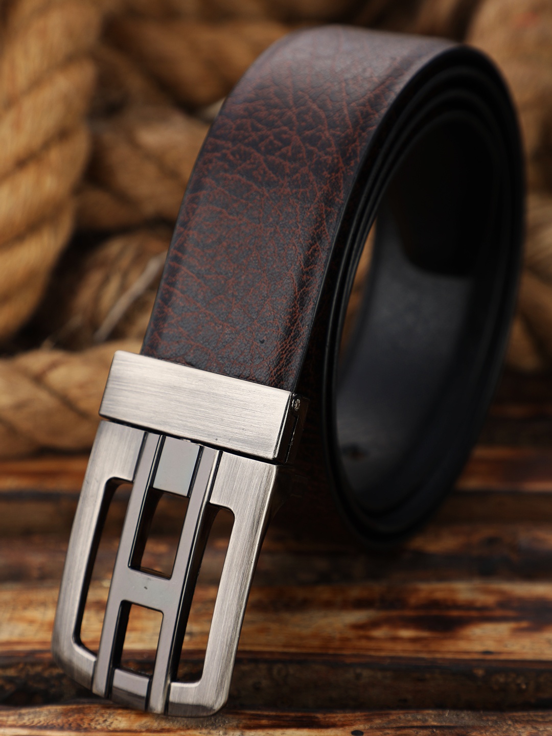 

ZEVORA Men Brown Textured Reversible Formal Belt