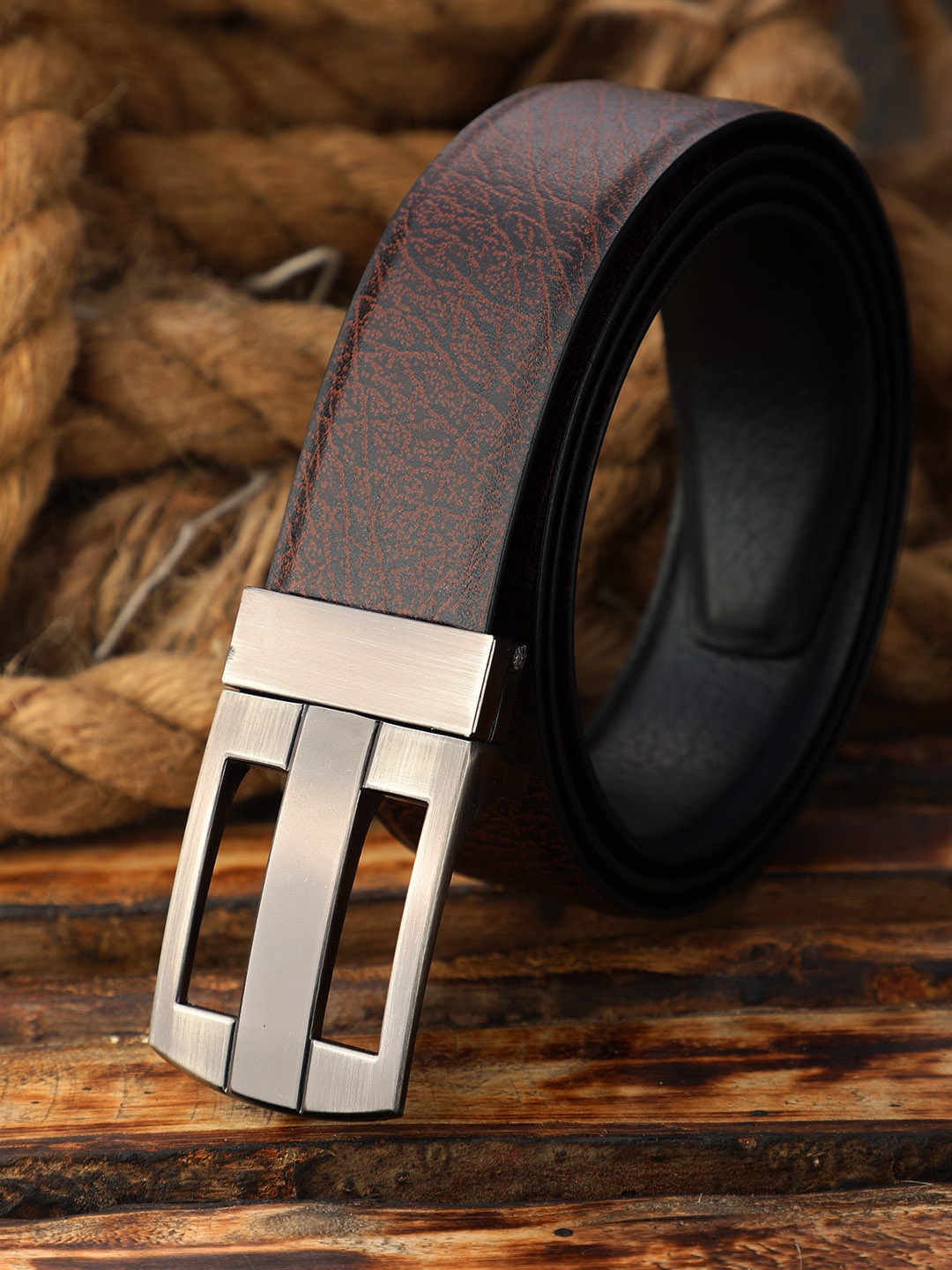 

ZEVORA Men Black & Brown Textured Reversible Belt