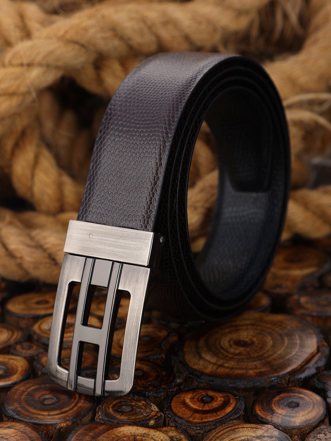 

ZEVORA Men Brown & Black Textured Reversible Formal Belt
