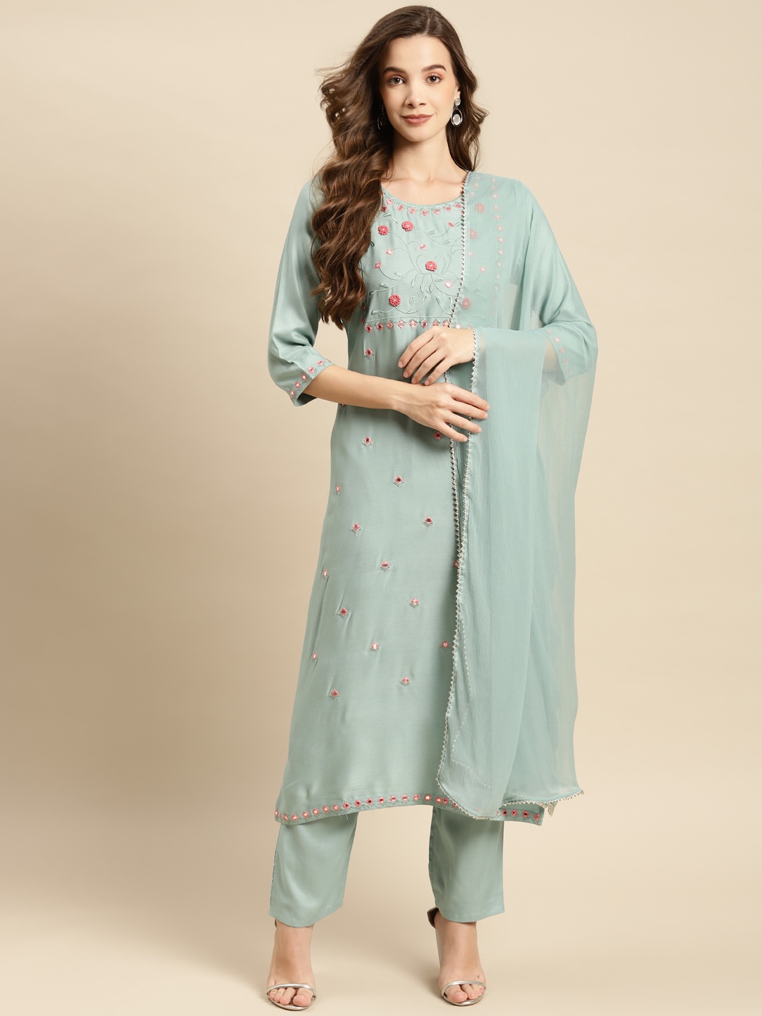 

Prakhya Women Turquoise Blue Embroidered Mirror Work Kurta with Trousers & Dupatta