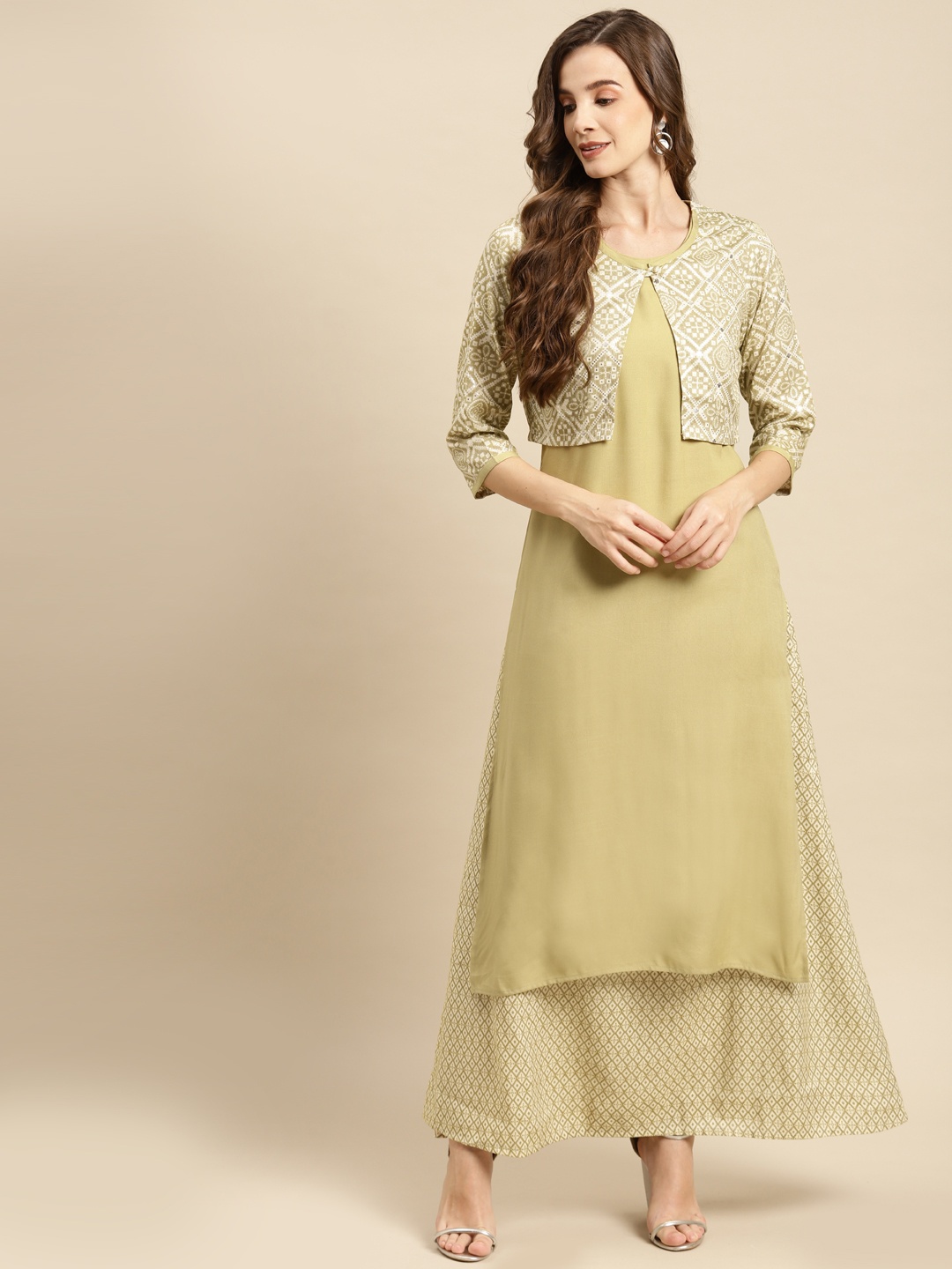 

Prakhya Women Olive Green Ethnic Motifs Kurta with Skirt & Jacket