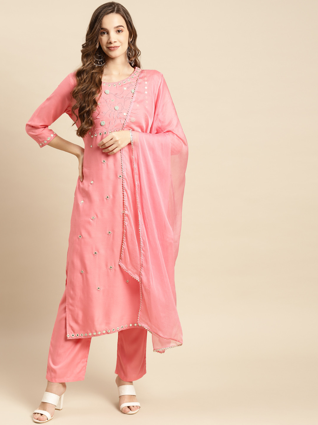 

Prakhya Women Pink Embroidered Mirror Work Kurta with Palazzos & Dupatta