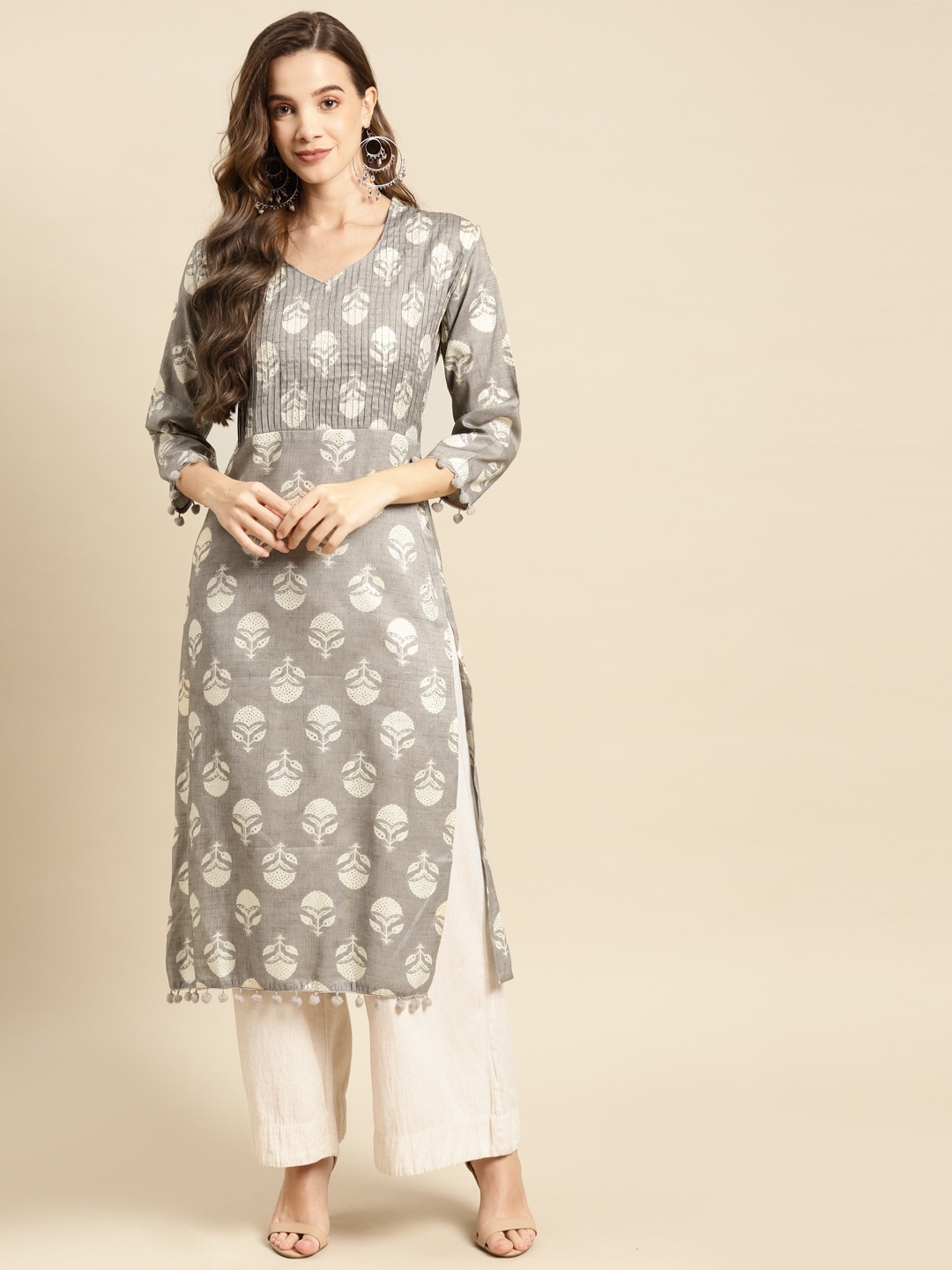 

Prakhya Women Grey & Beige Ethnic Motifs Printed Kurta