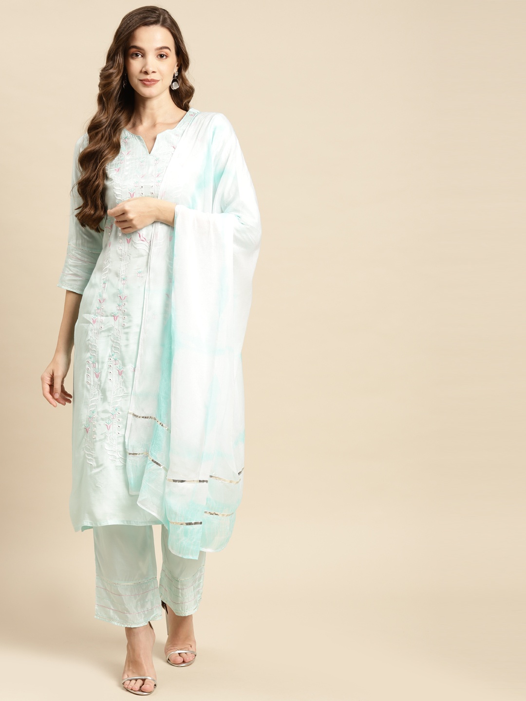 

Prakhya Women Sea Green Embroidered Mirror Work Kurta with Trousers & Dupatta
