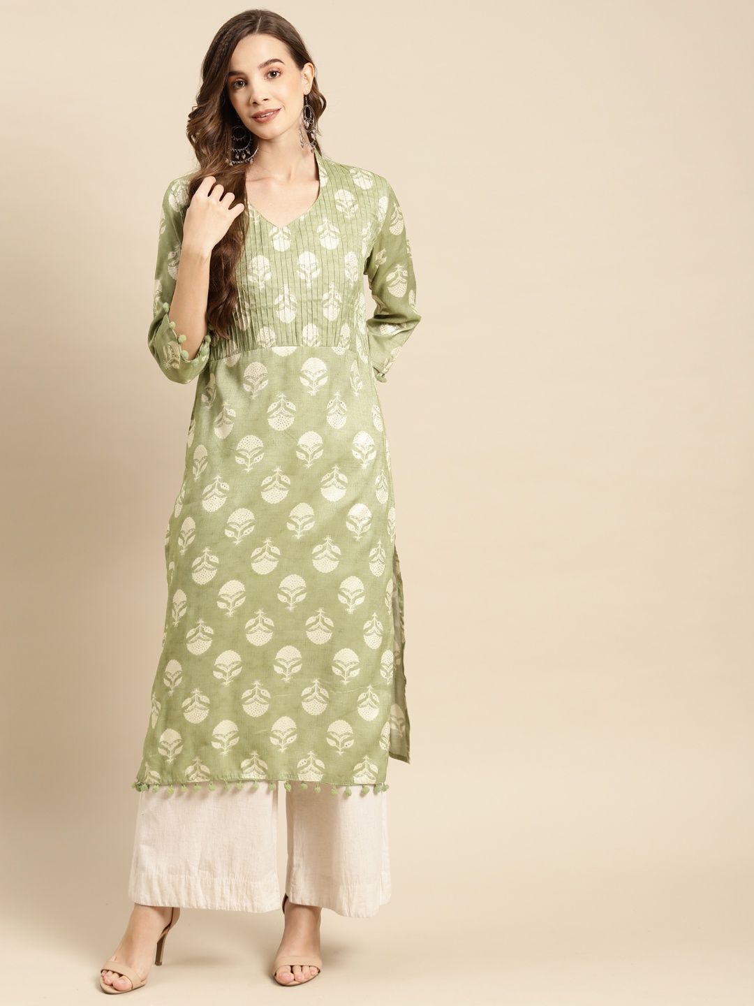 

Prakhya Women Olive Green & Beige Ethnic Motifs Printed Kurta
