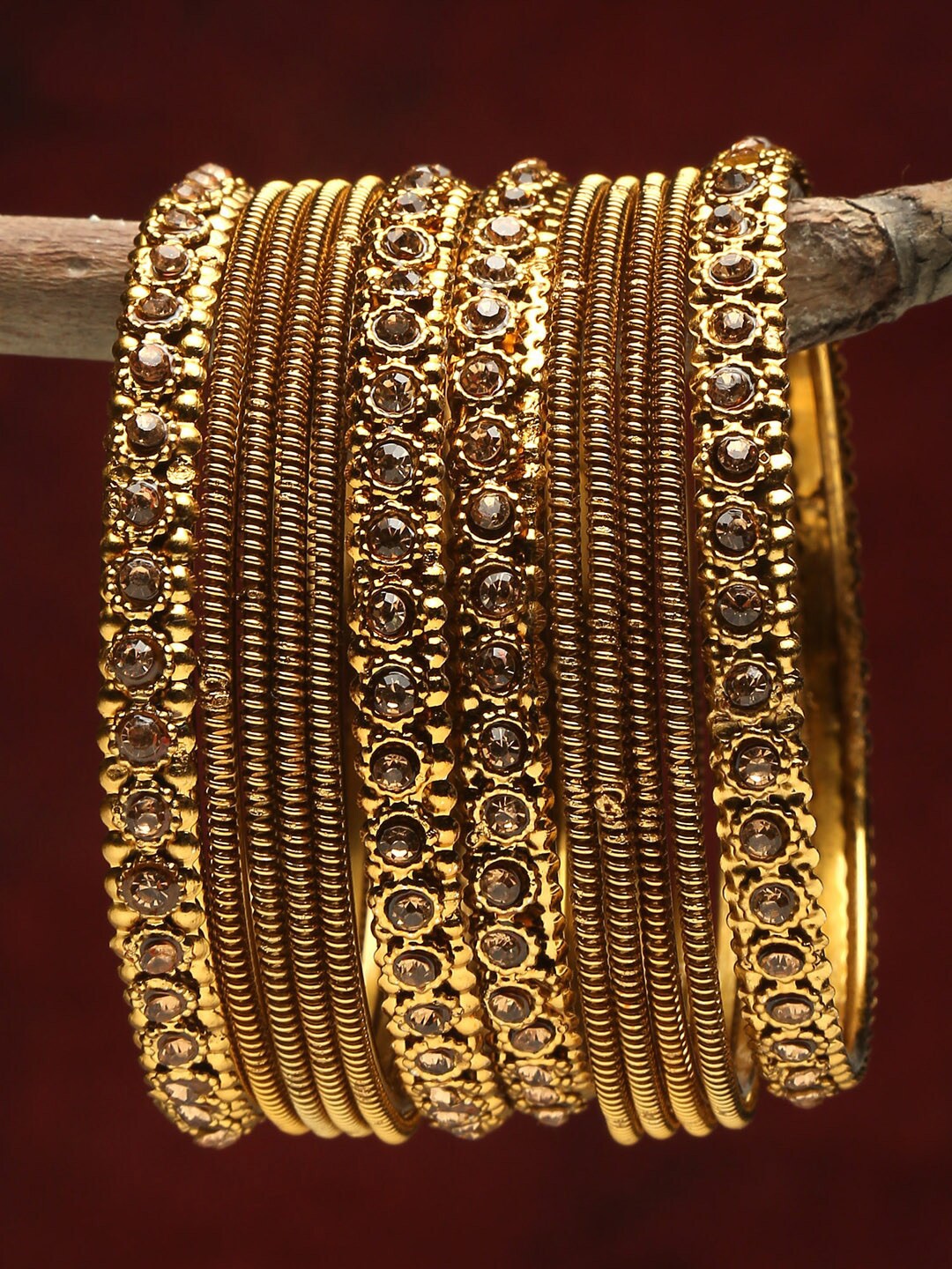 

Shining Diva Set Of 12 Gold-Plated & Beige Crystal-Studded & Beaded Bangles