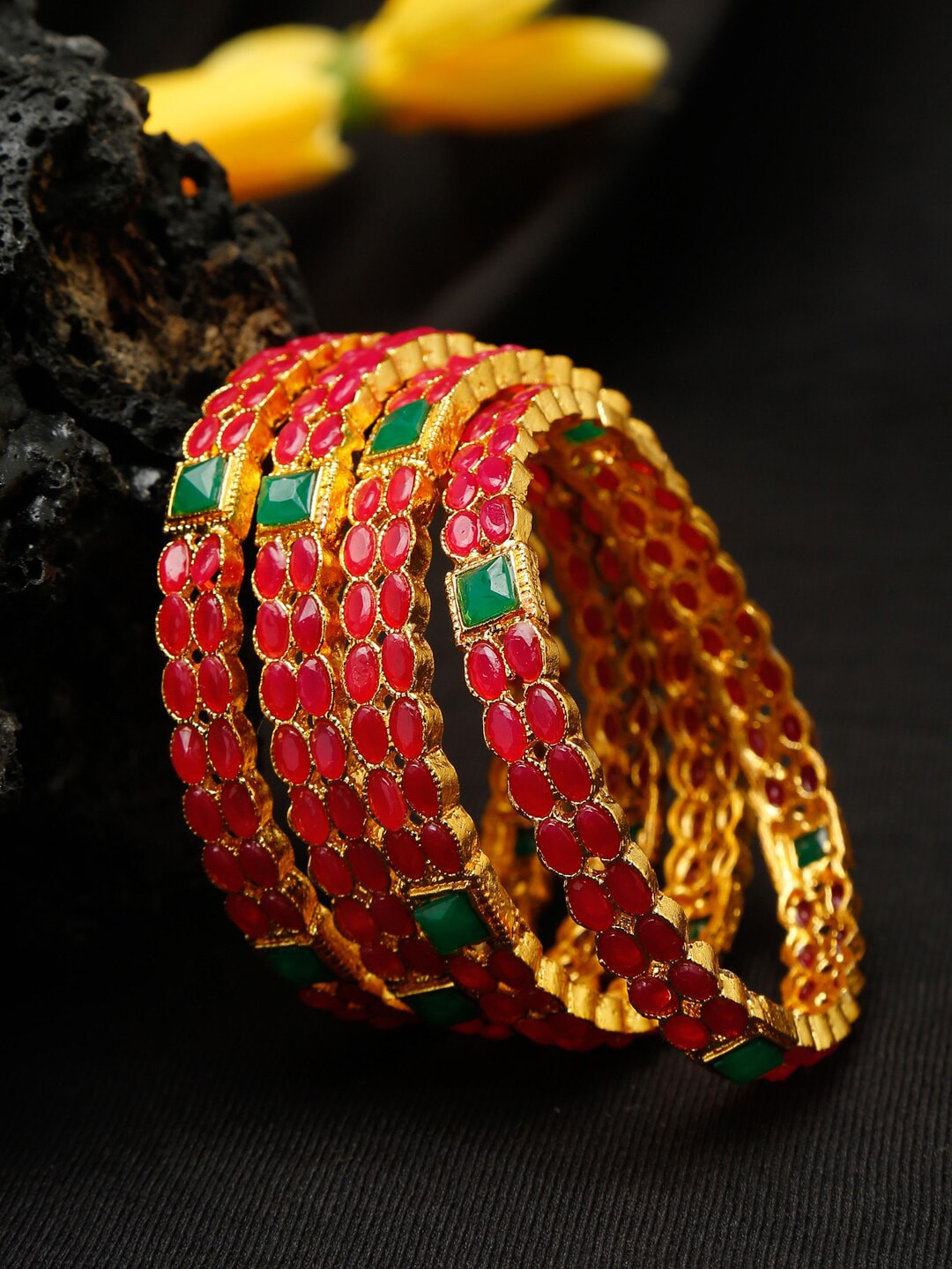 

Shining Diva Set Of 4 Gold-Plated Pink & Green Stone-Studded Bangles