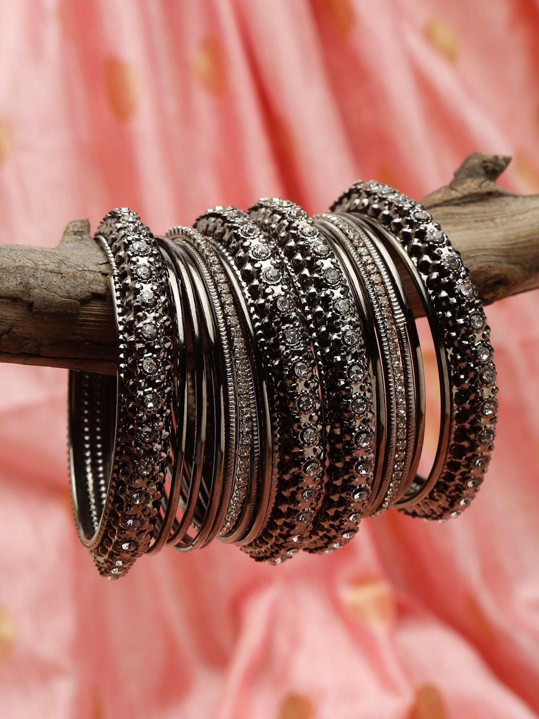 

Shining Diva Set of 18 Metallic-Toned White Crystal Studded Bangle