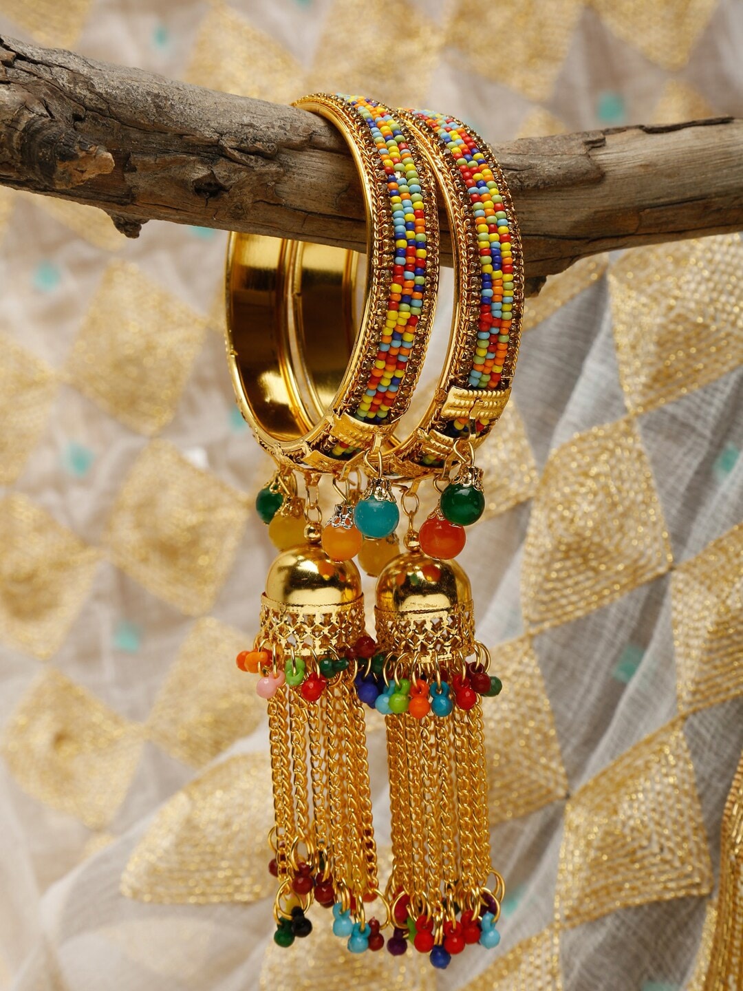 

Shining Diva Set of 2 Gold-Plated Blue & Orange Beaded Bangles