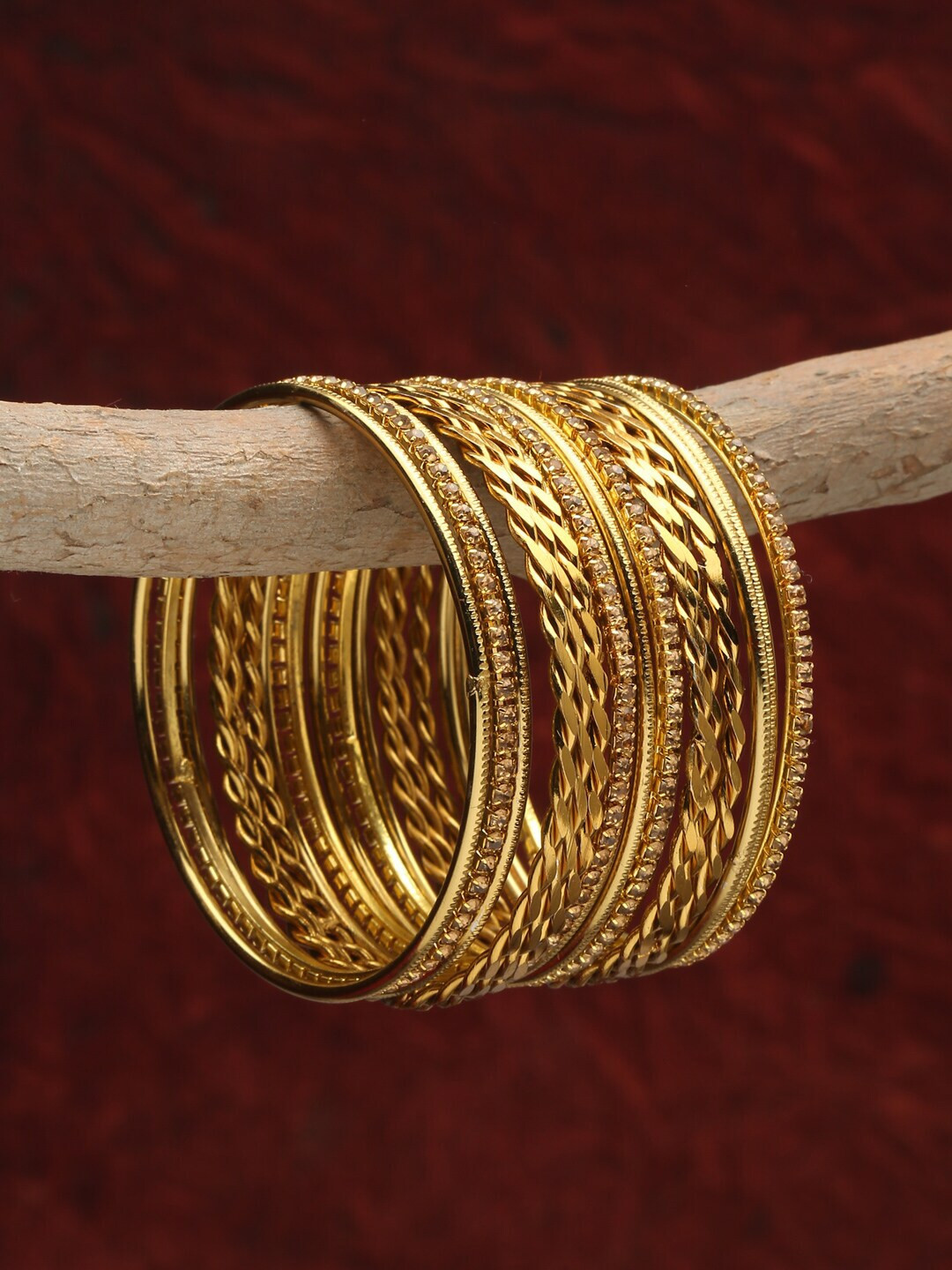 

Shining Diva Set Of 18 Gold-Plated & Crystal-Studded Bangles