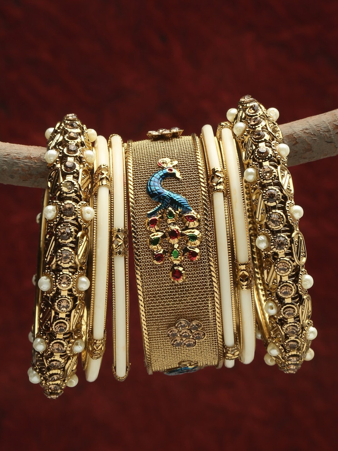 

Shining Diva Set Of 7 Gold-Plated & White Pearls Beaded Meenakari Bangles