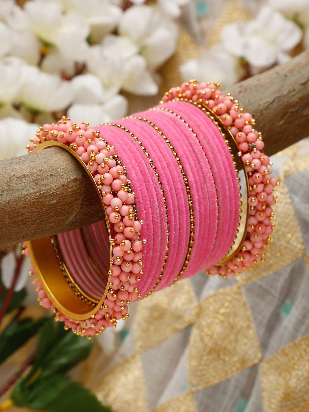 

Shining Diva Set Of 23 Gold-Plated & Pink Stones-Studded & Beaded Bangles
