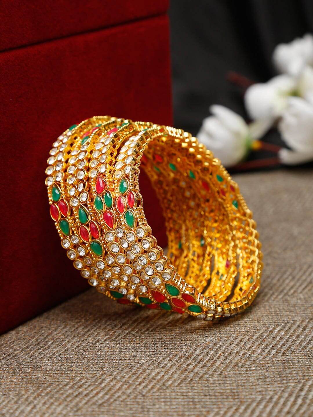

Shining Diva Set Of 4 Gold-Plated Green & Red Stone-Studded Bangles, Multi