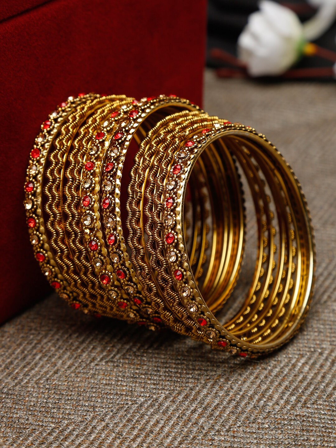 

Shining Diva Set Of 12 Gold-Plated Red Crystal-Studded Bangles