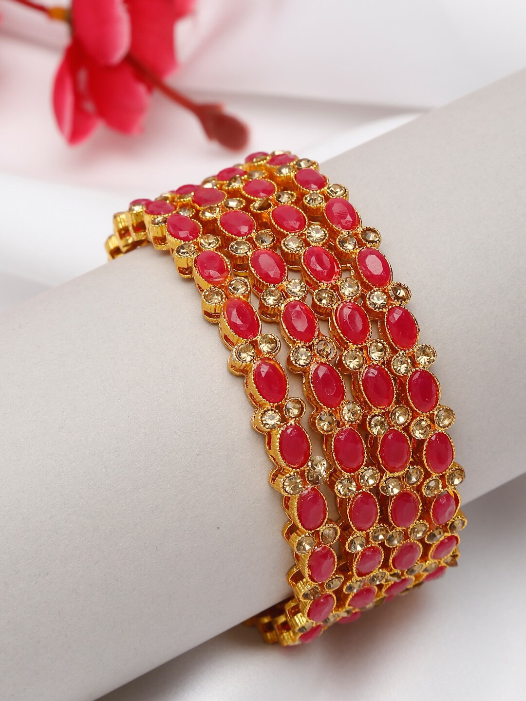 

Shining Diva Set of 4 Gold-Plated & Red Stone Studded Bangle