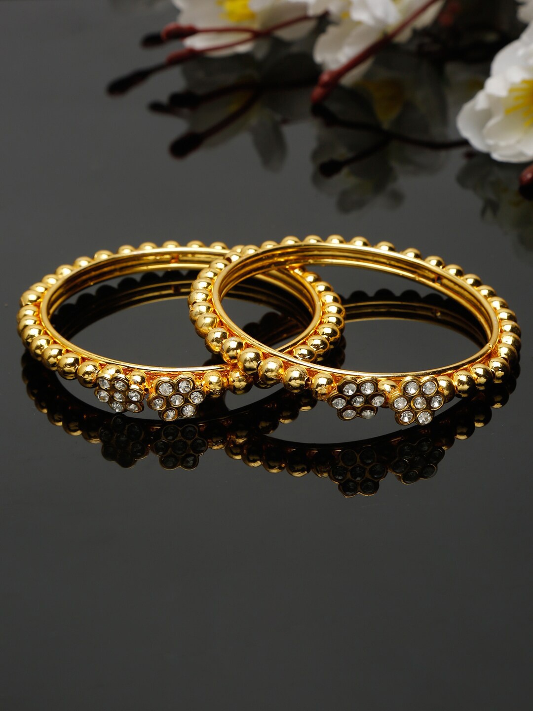 

Shining Diva Set Of 2 Gold-Plated White Crystal Studded Bangles