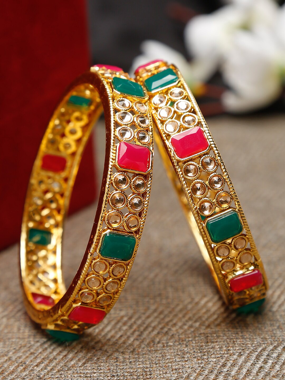 

Shining Diva Set Of 2 Gold-Plated & Stone-Studded Bangles, Multi