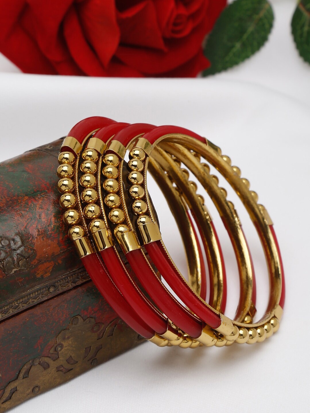 

Shining Diva Set Of 4 Gold-Plated Bangles, Red