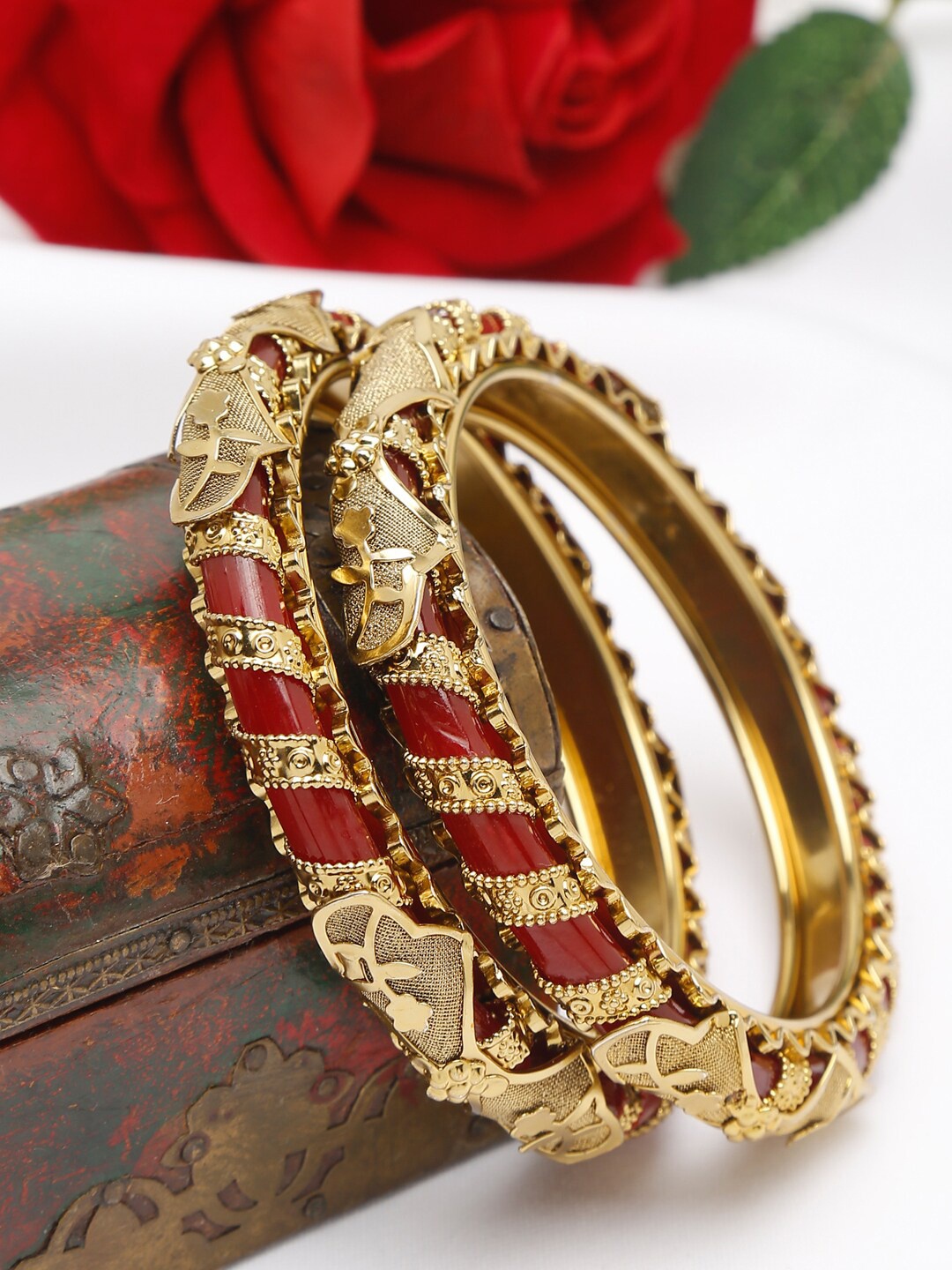 

Shining Diva Set Of 2 Gold-Plated & Maroon Bangles