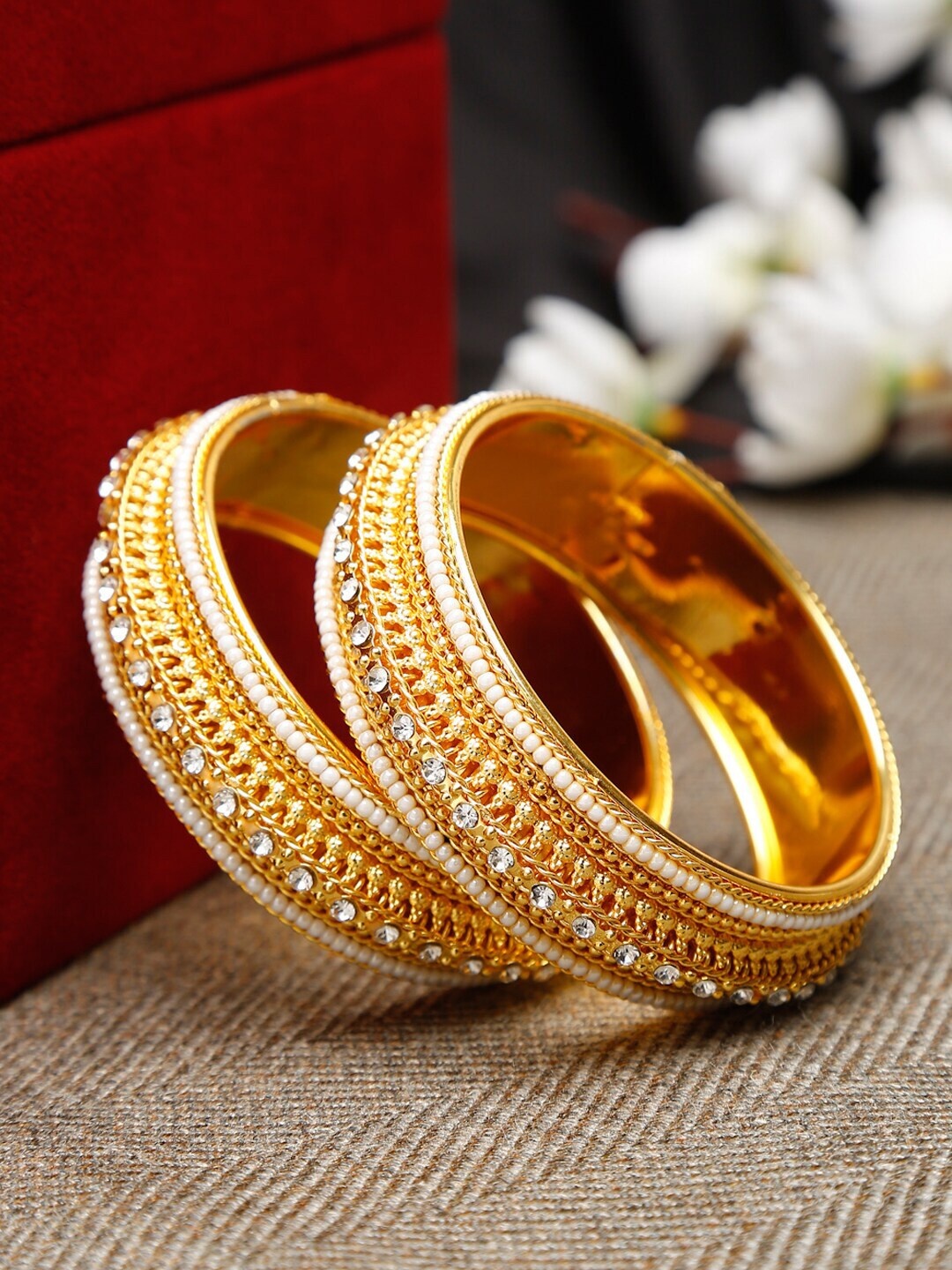 

Shining Diva Set Of 2 Gold-Plated White Pearl Studded & Beaded Bangles