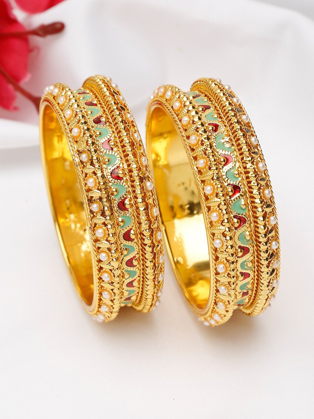 

Shining Diva Set Of 2 Gold-Plated White Pearl-Studded Meenakari Bangles