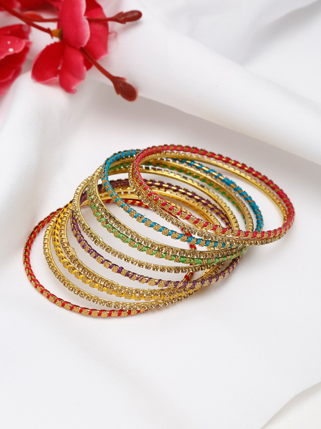 

Shining Diva Set Of 11 Gold-Plated & Beige Crystal-Studded & Beaded Bangles, Multi