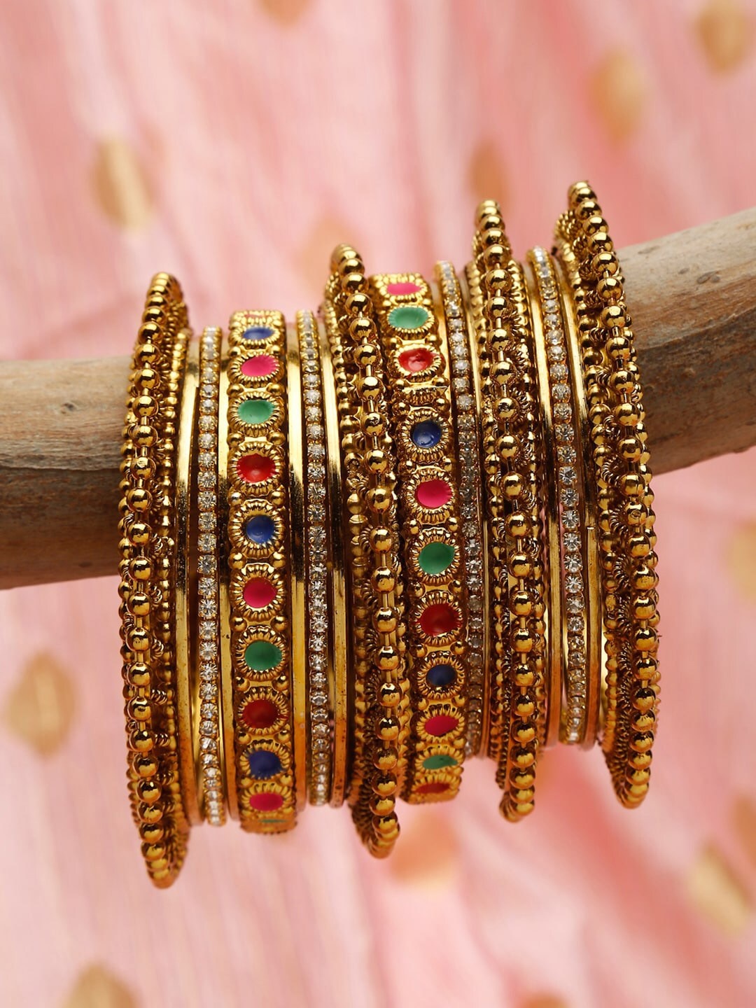 

Shining Diva Set Of 18 Gold-Plated Pink, Blue & Red Crystal Studded Meenakari Bangles