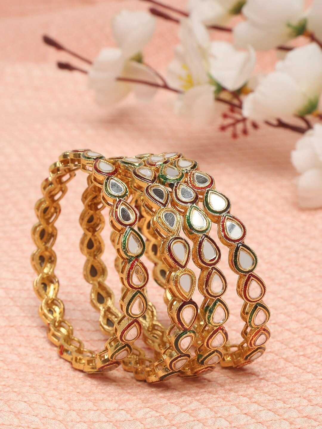 

Shining Diva Set Of 4 Kundan Stone-Studded Bangles, Gold