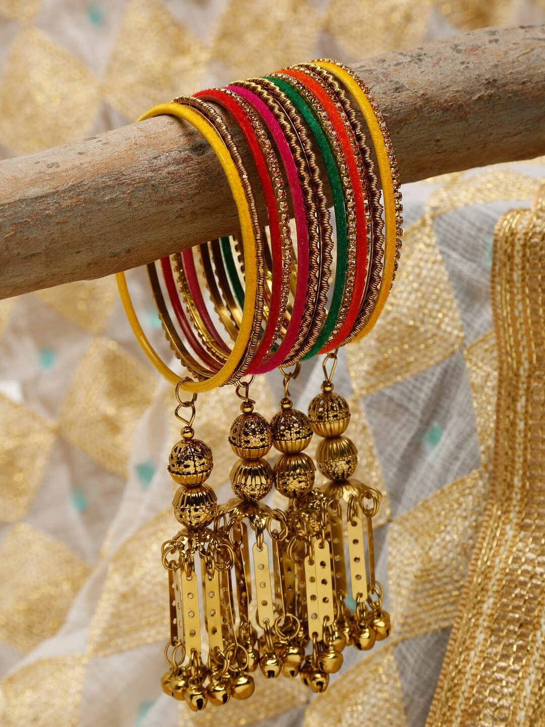 

Shining Diva Set Of 14 Gold Plated Crystal Studded Bangle Set, Multi