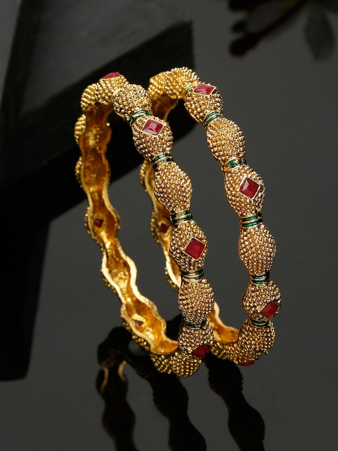 

Shining Diva Set of 2 Gold-Plated & Red Stone Studded Bangles