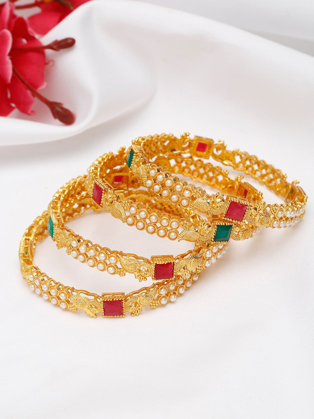 

Shining Diva Set Of 4 Gold-Plated & White Pearls Beaded Bangles