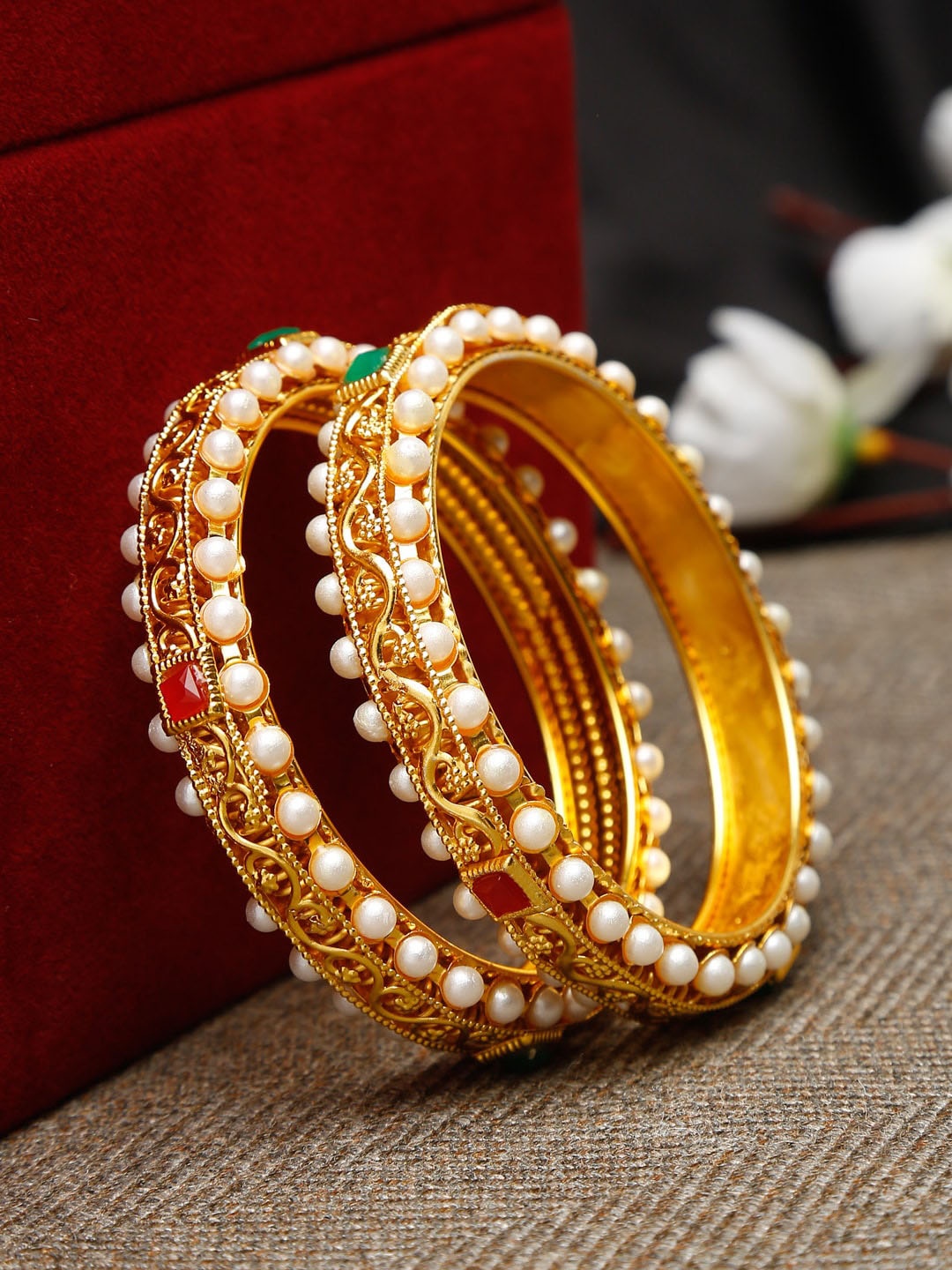 

Shining Diva Set Of 2 Gold-Plated White, Green & Red Stone Studded Pearl Beaded Bangles