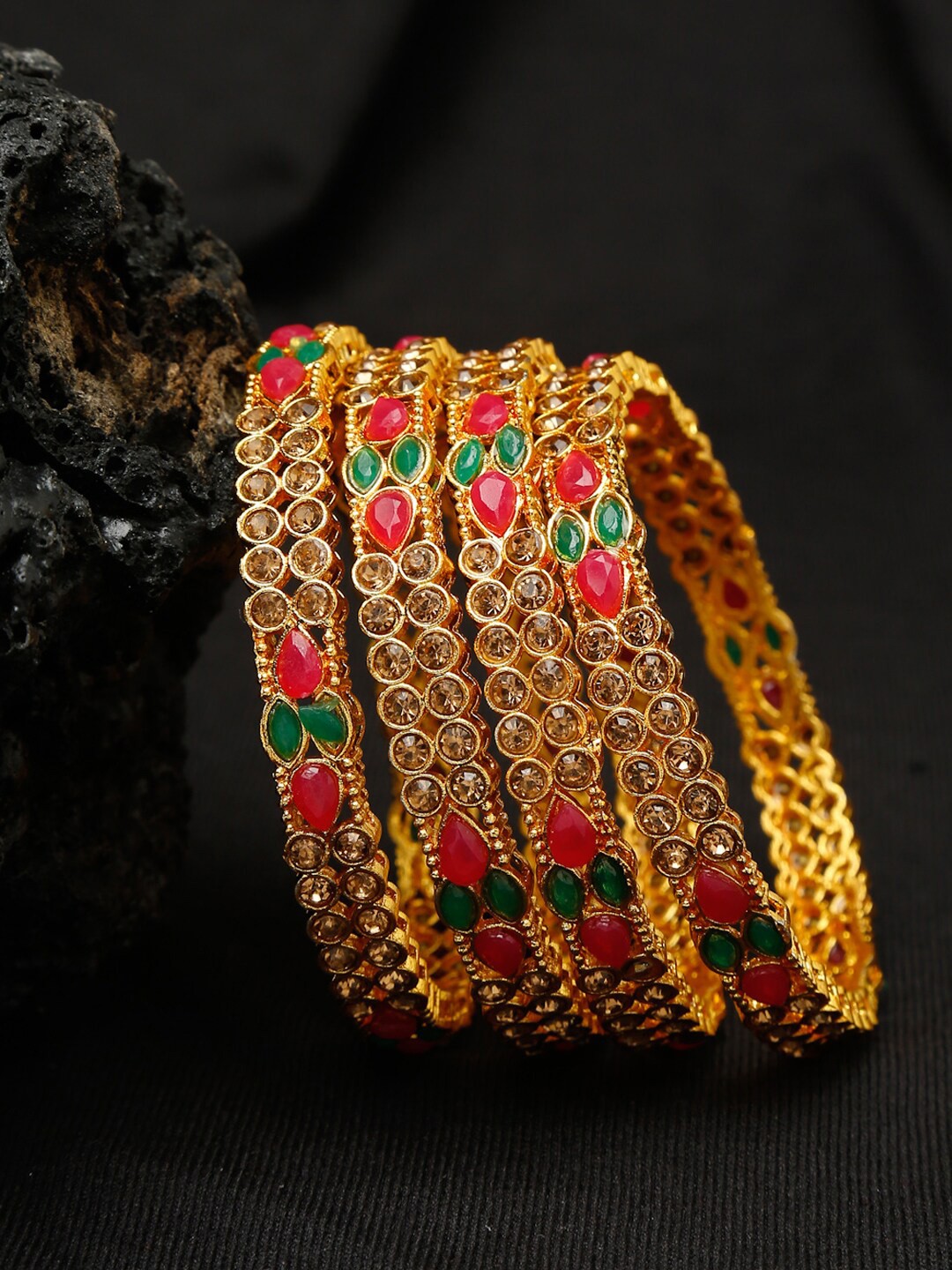 

Shining Diva Set Of 4 Gold-Plated Pink & Green Stone-Studded Bangles