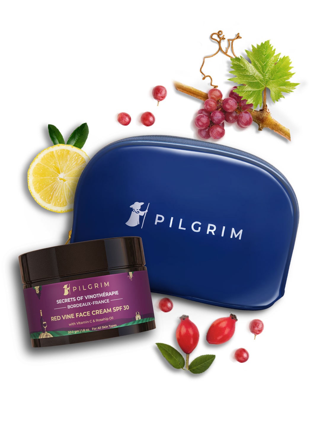 

Pilgrim Red Vine SPF 30 Face Cream with Vitamin C & Rosehip Oil 50 g with Vanity Bag, Purple
