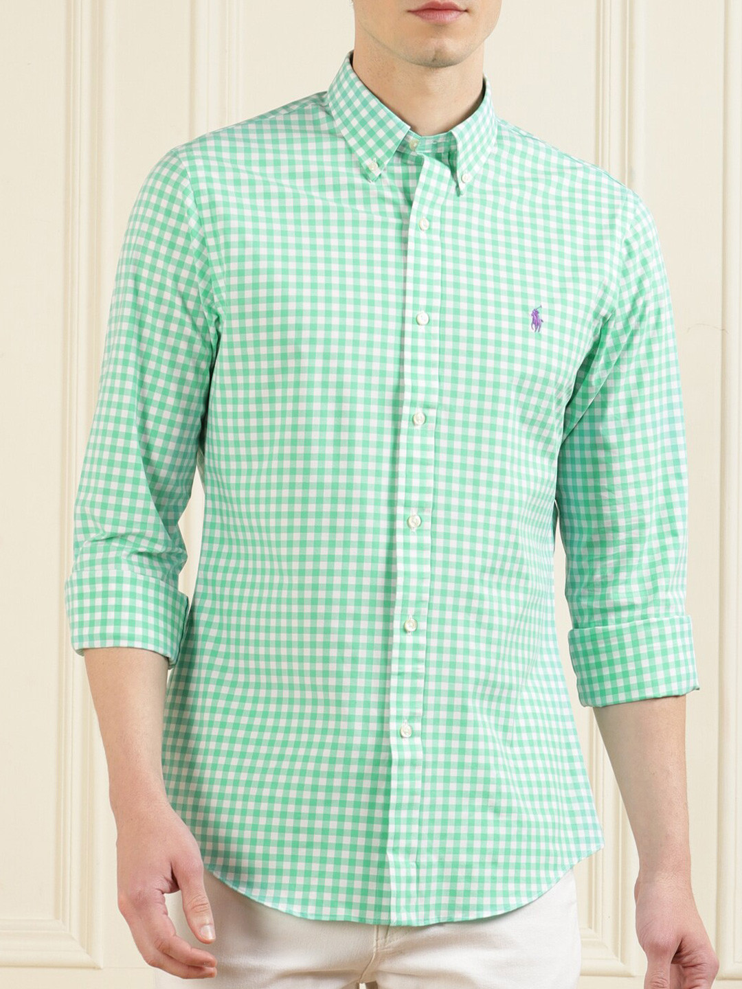 

Polo Ralph Lauren Men Green & White Slim Fit Gingham Checks Checked Casual Shirt