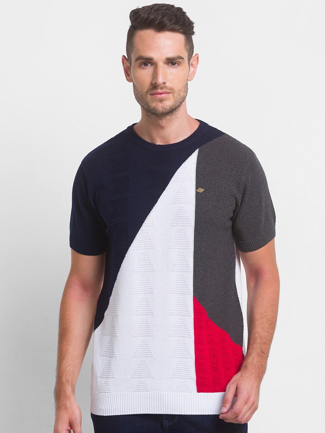 

Globus Men Navy Blue Colourblocked Polo Collar Extended Sleeves T-shirt
