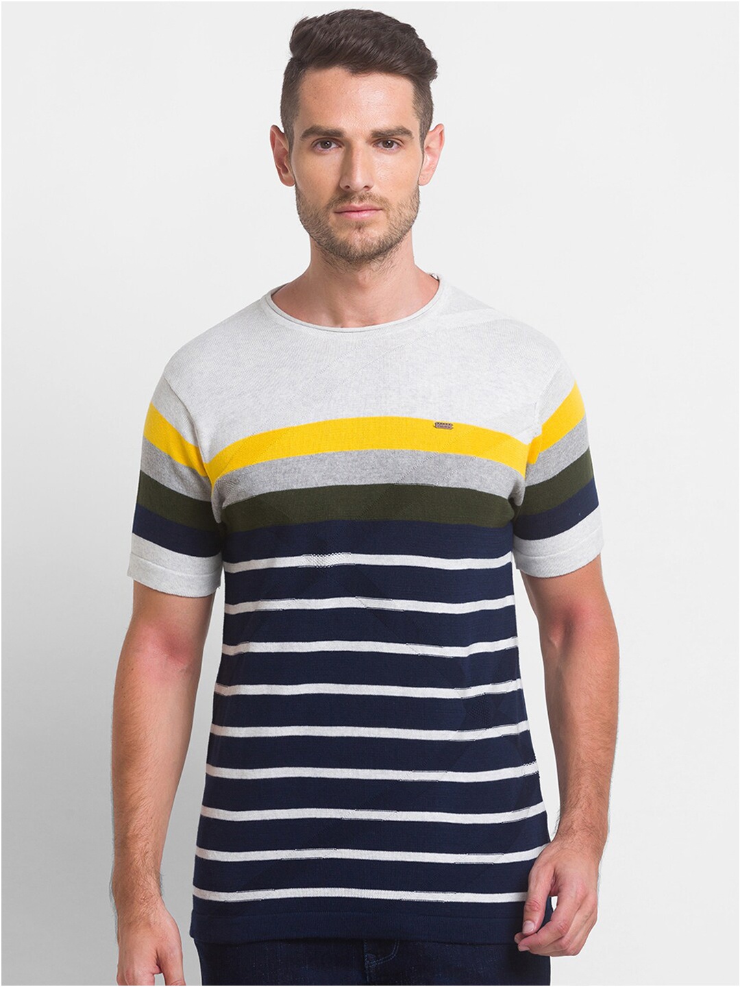 

Globus Men Mustard Yellow Striped Polo Collar T-shirt