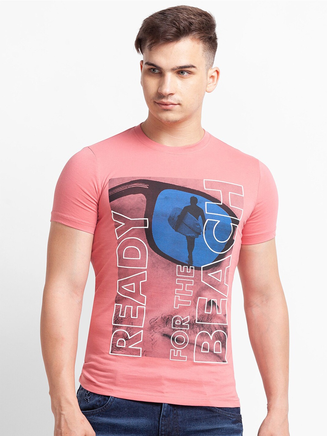 

Globus Men Pink Printed Raw Edge Slim Fit T-shirt