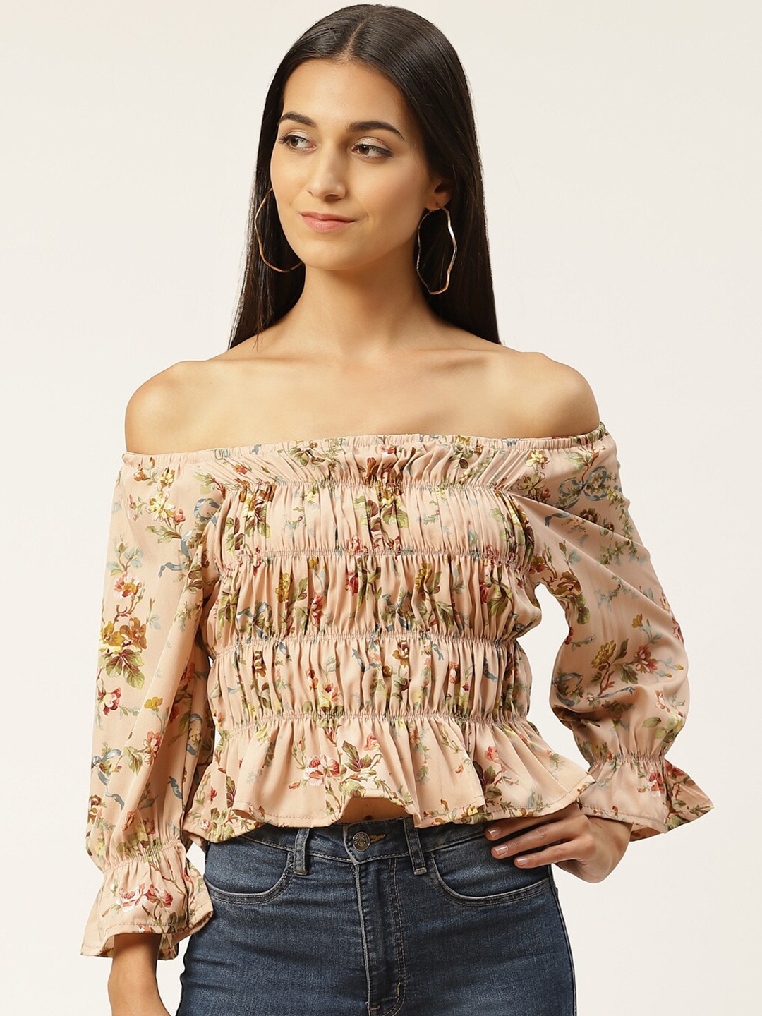 

IQRAAR Orange Floral Print Off-Shoulder Bardot Top