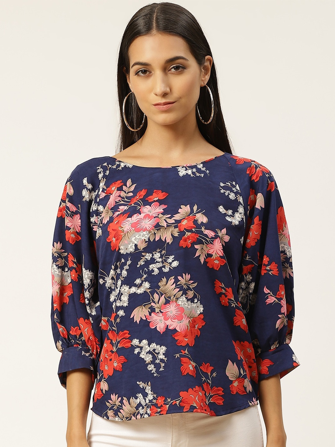 

IQRAAR Navy Blue Floral Print Top