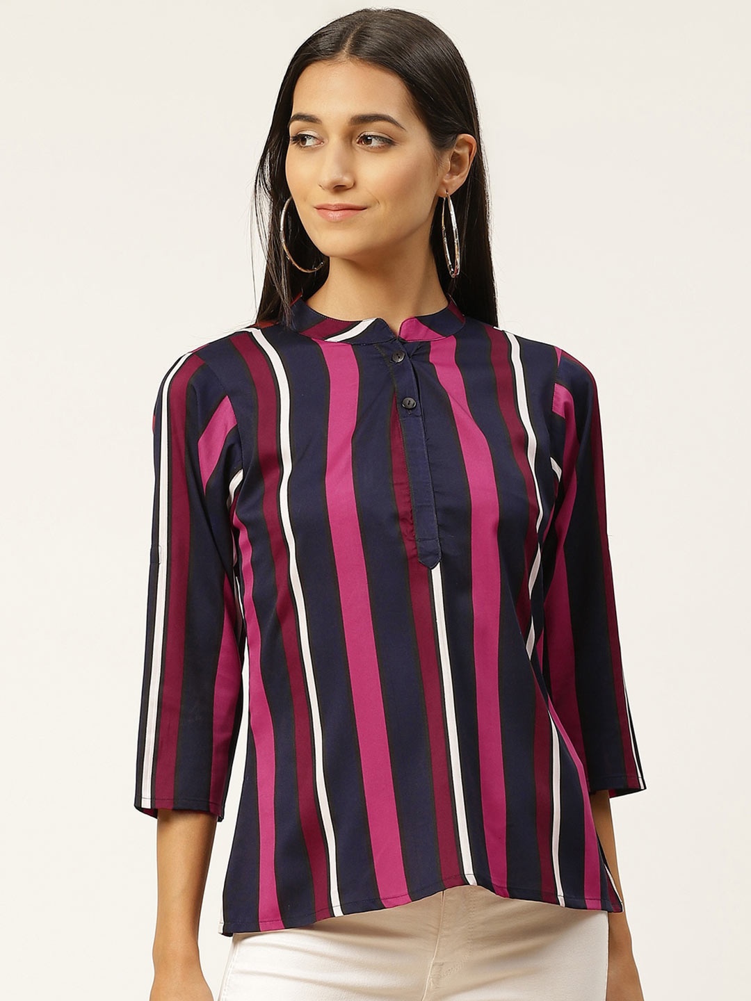 

IQRAAR Multicoloured Striped Mandarin Collar Top, Multi