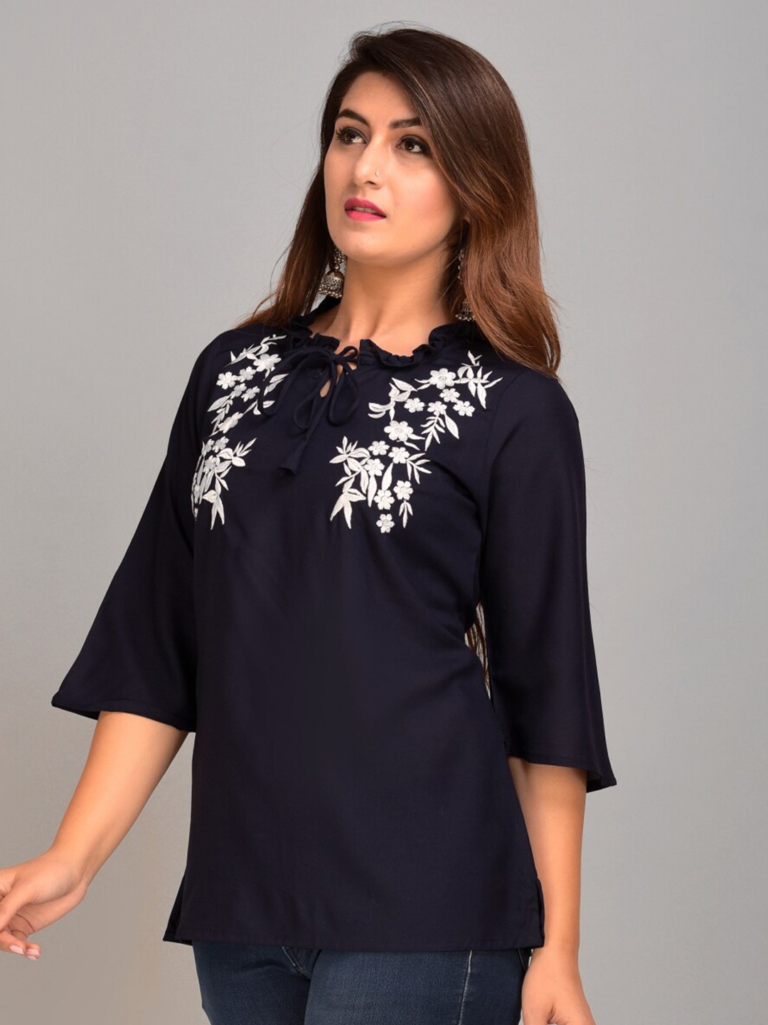 

IQRAAR Navy Blue Floral Print Top