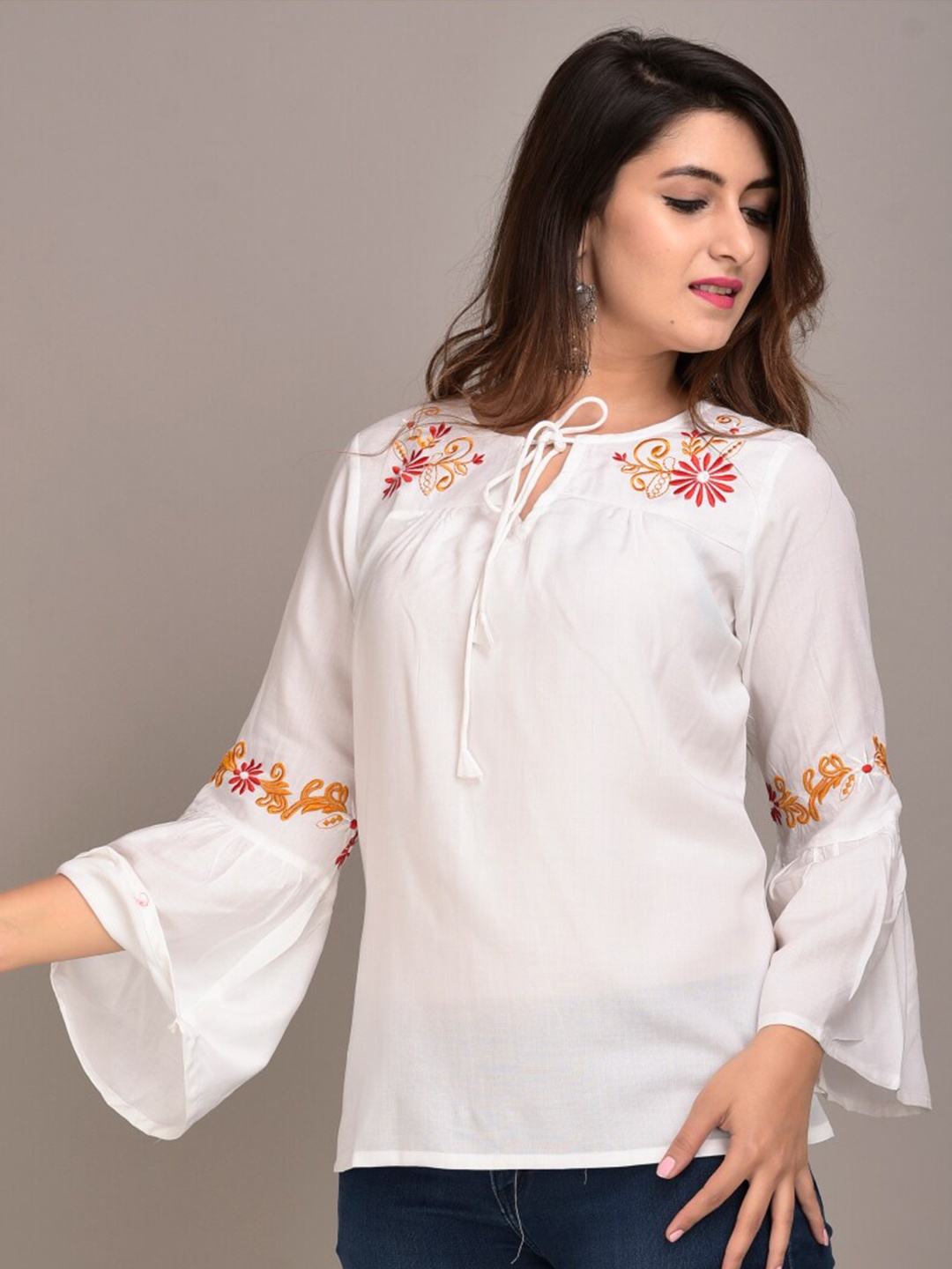 

IQRAAR White Floral Tie-Up Neck Top