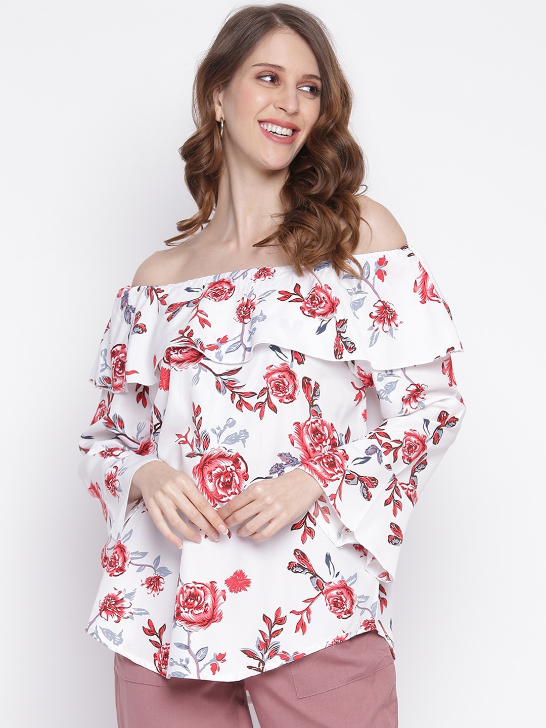 

IQRAAR White & Peach-Coloured Floral Print Off-Shoulder Bardot Top