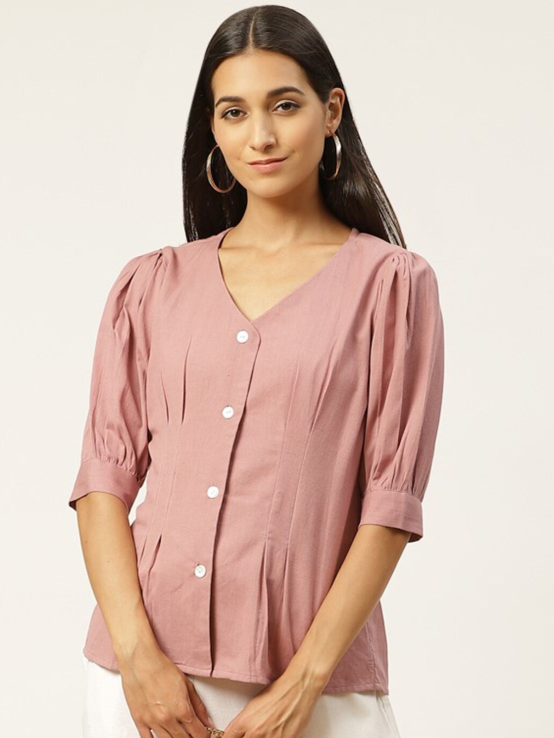 

IQRAAR Women Peach-Coloured V-Neck Shirt-Style Top