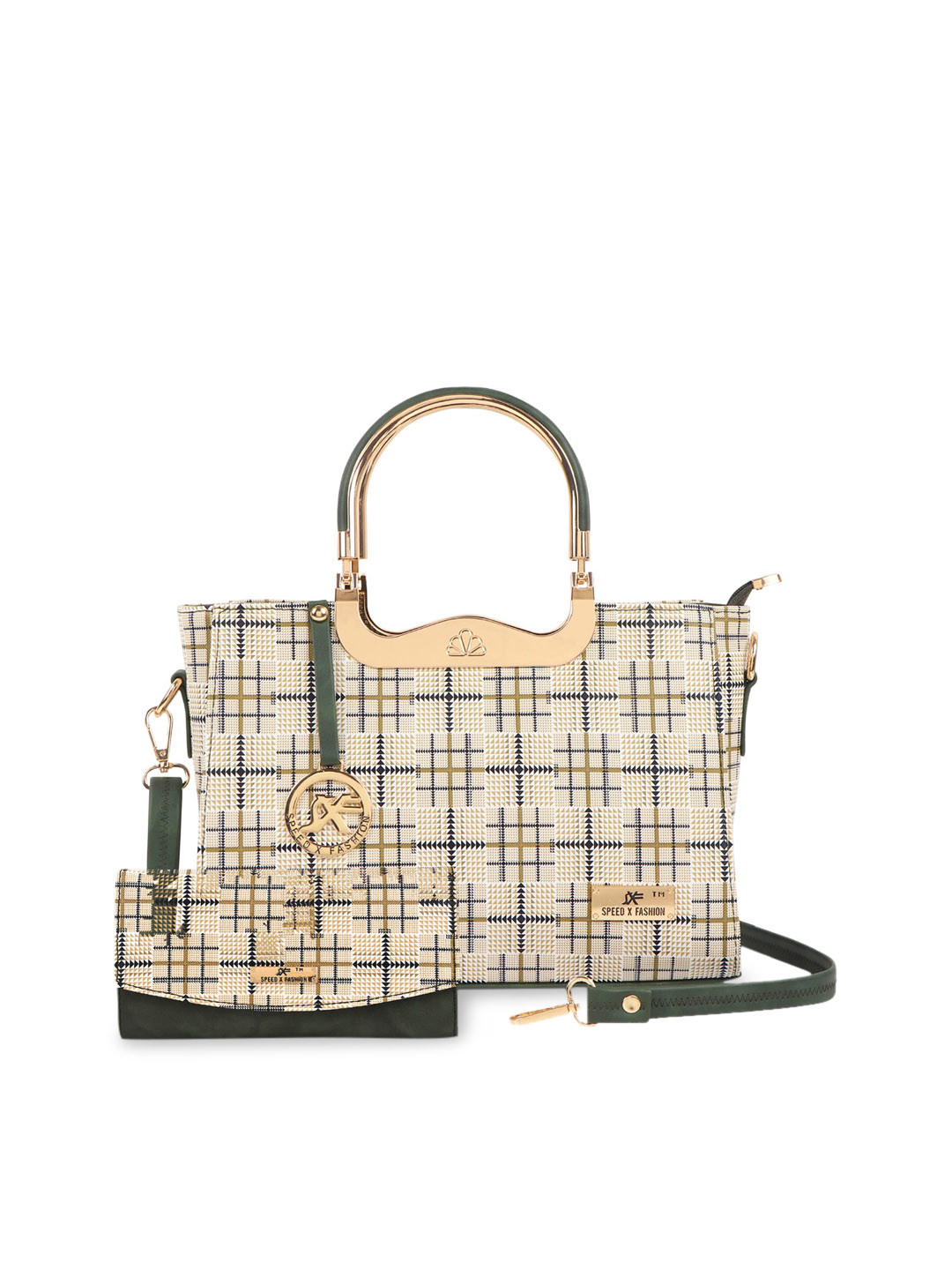 

SXF SPEED X FASHION Green Checked PU Shopper Handheld Bag with Tasselled
